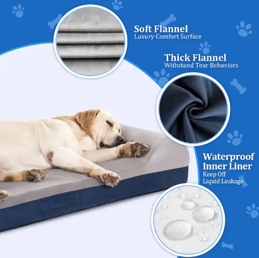 Orthopedic Gel Memory Foam Dog Bed – Large Size with Pillow, Waterproof Liner & Removable Cover (46"x29"x7.9", Blue)